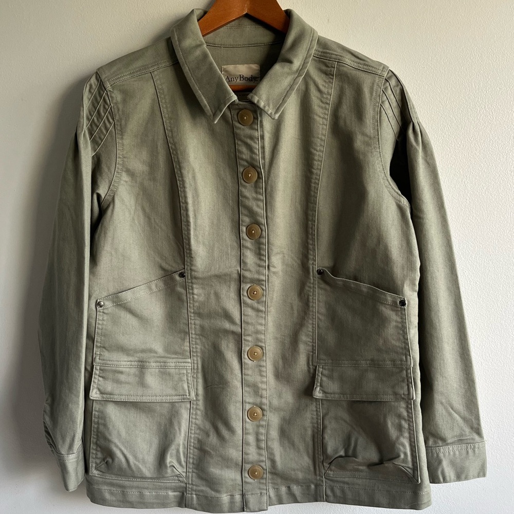 AnyBody Women's Utility Jacket Olive Green Pockets Twill Collared Button Front M